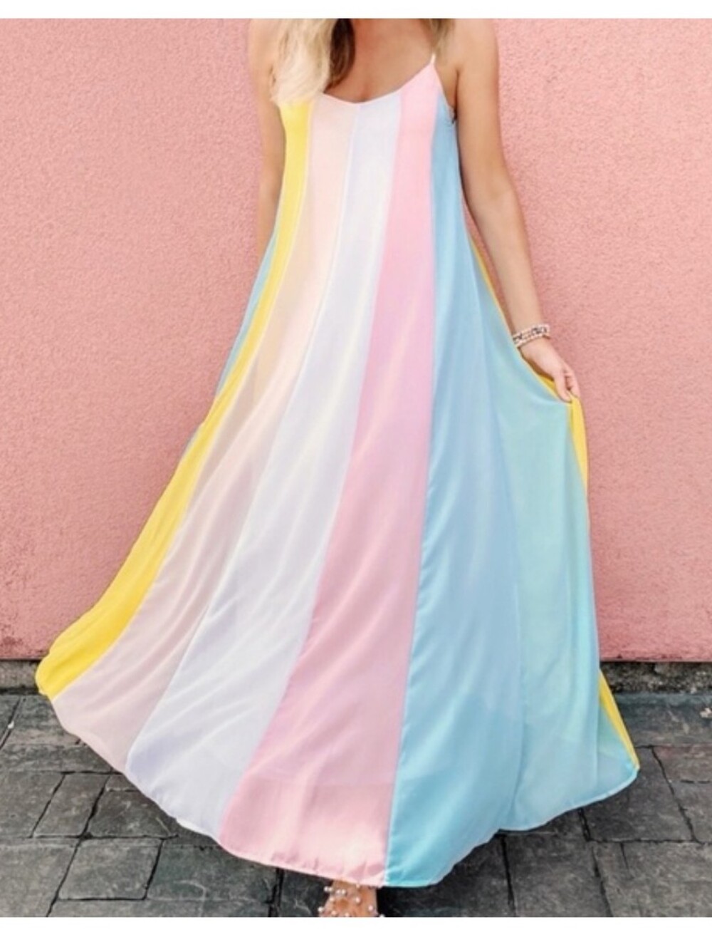 FAVLUX Pastel Multi-Stripe Maxi Dress in Blue, Pink & Yellow